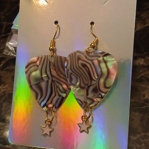 Heart-Shaped Abalone Pattern Drop Earrings with Gold Star Charm - Multicolor